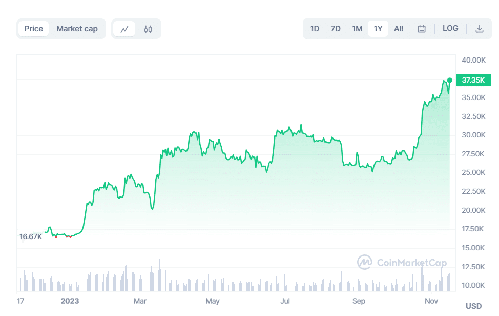 Grafico a 1 anno Bitcoin - Fonte CoinMarketCap