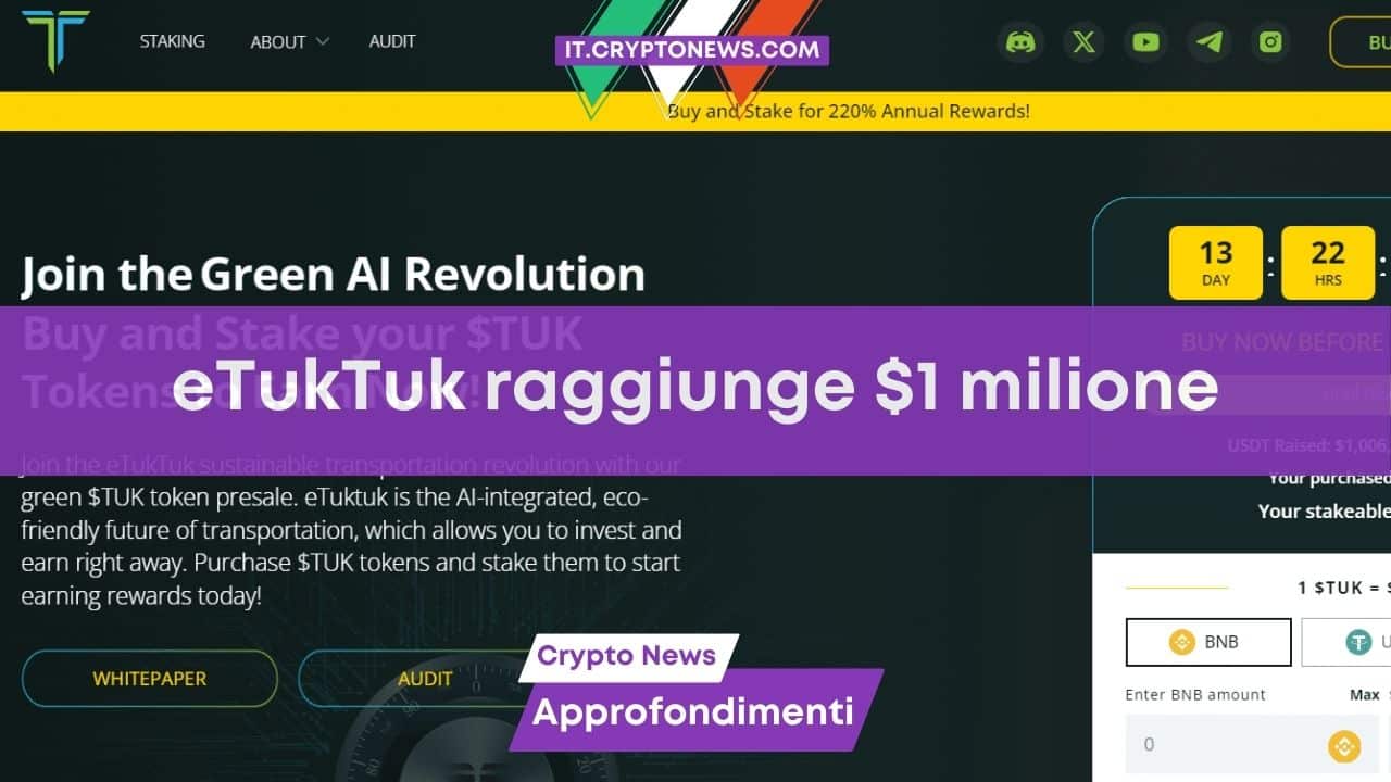 La nuova crypto green eTukTuk raggiunge l’obiettivo di $1 milione